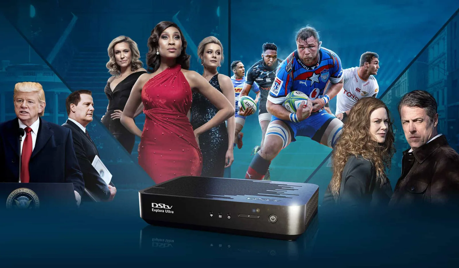 Explora Ultra decoder being set up below a wall-mounted TV