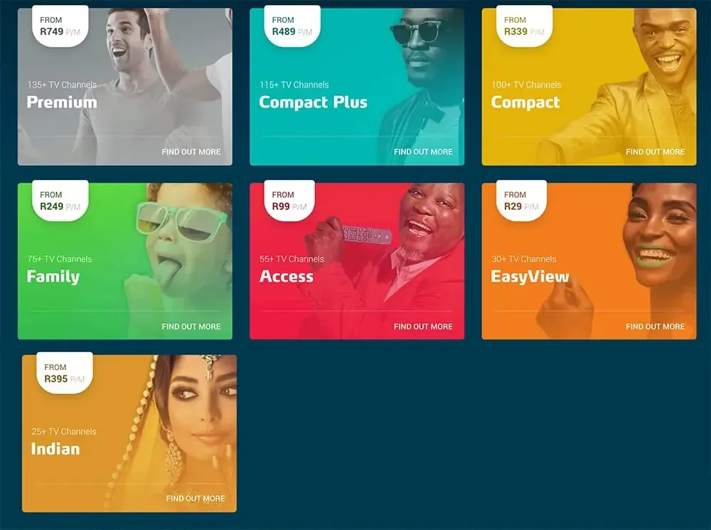 DSTV channel guide showing sport and entertainment packages on screen